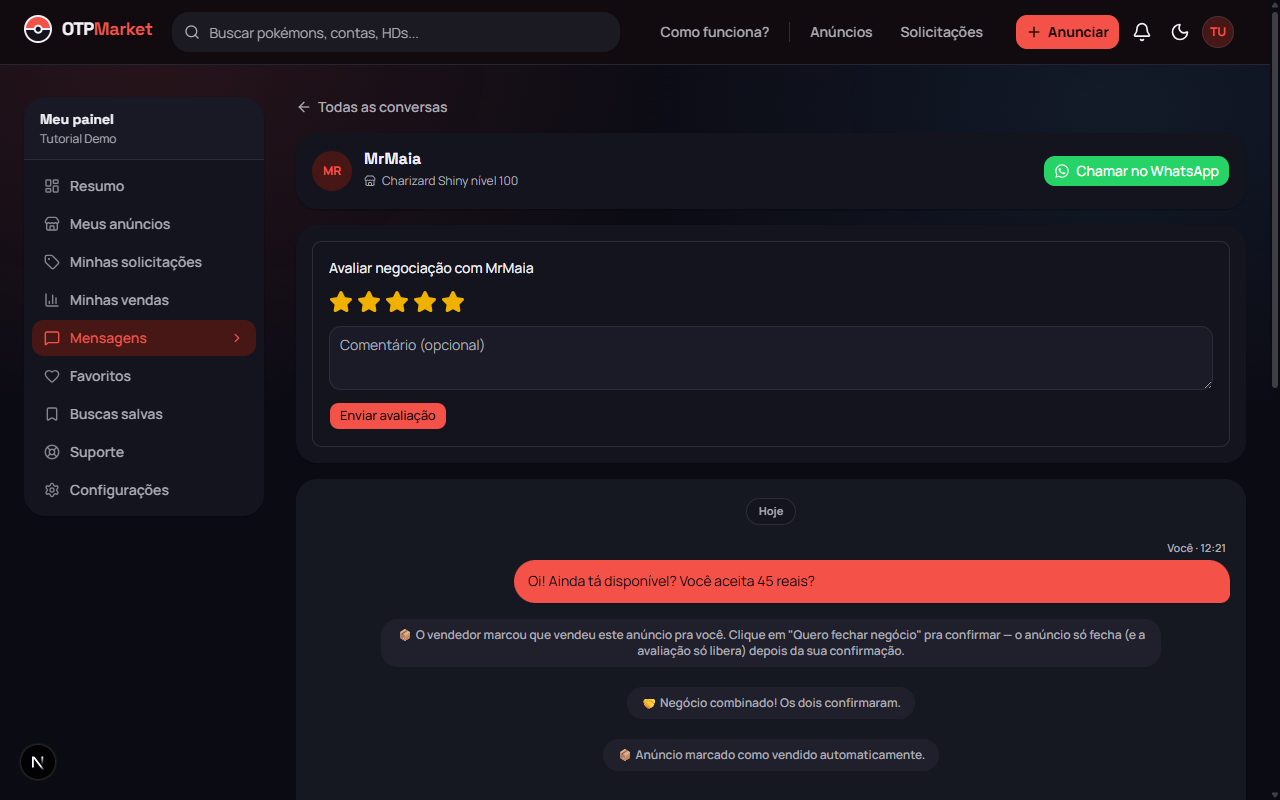 Negócio concluído e formulário de avaliação no chat